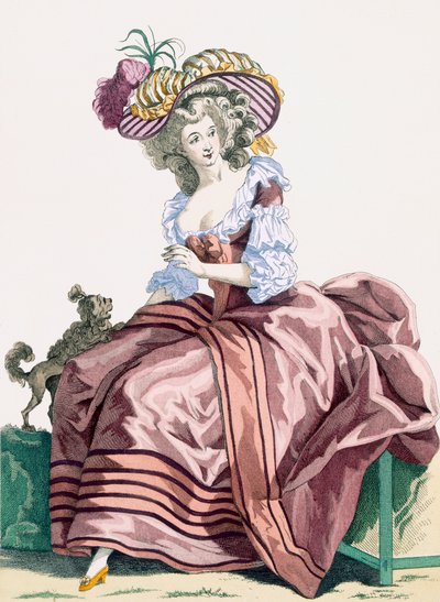 Robe élégante en satin caramel pour dame, gravée par Le Beau, planche no.172 de 